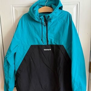 Timberland Teal and Black Hooded Pullover, water resistant 1/2 zip anorak Jacket